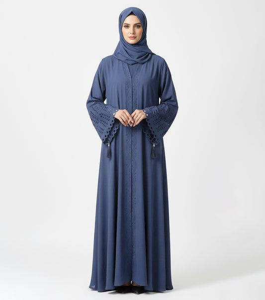 Tealish Blue Fancy Abaya with Cutwork