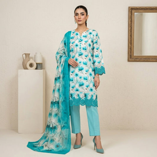 Turquoise Floral Lawn Suit