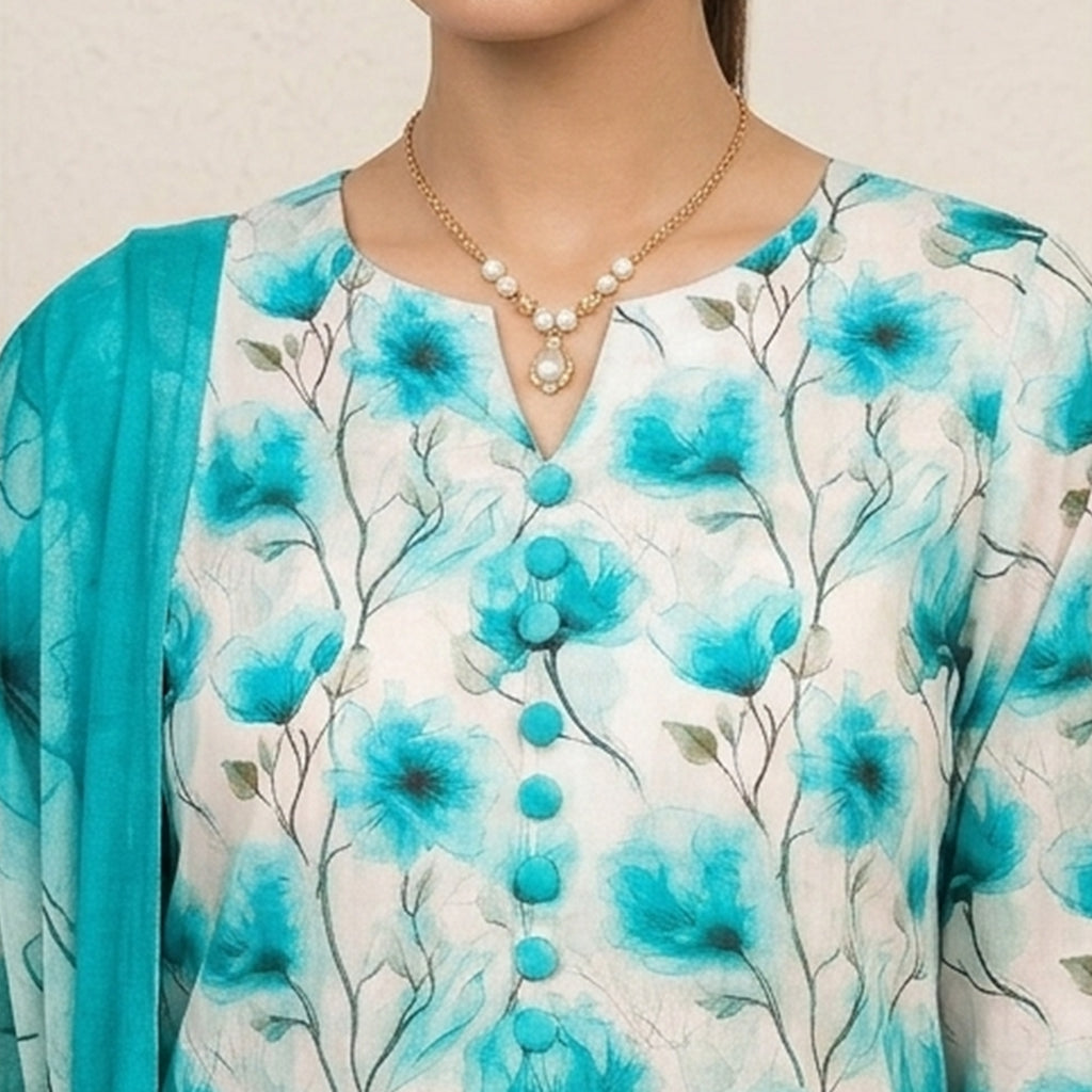 Turquoise Floral Lawn Suit