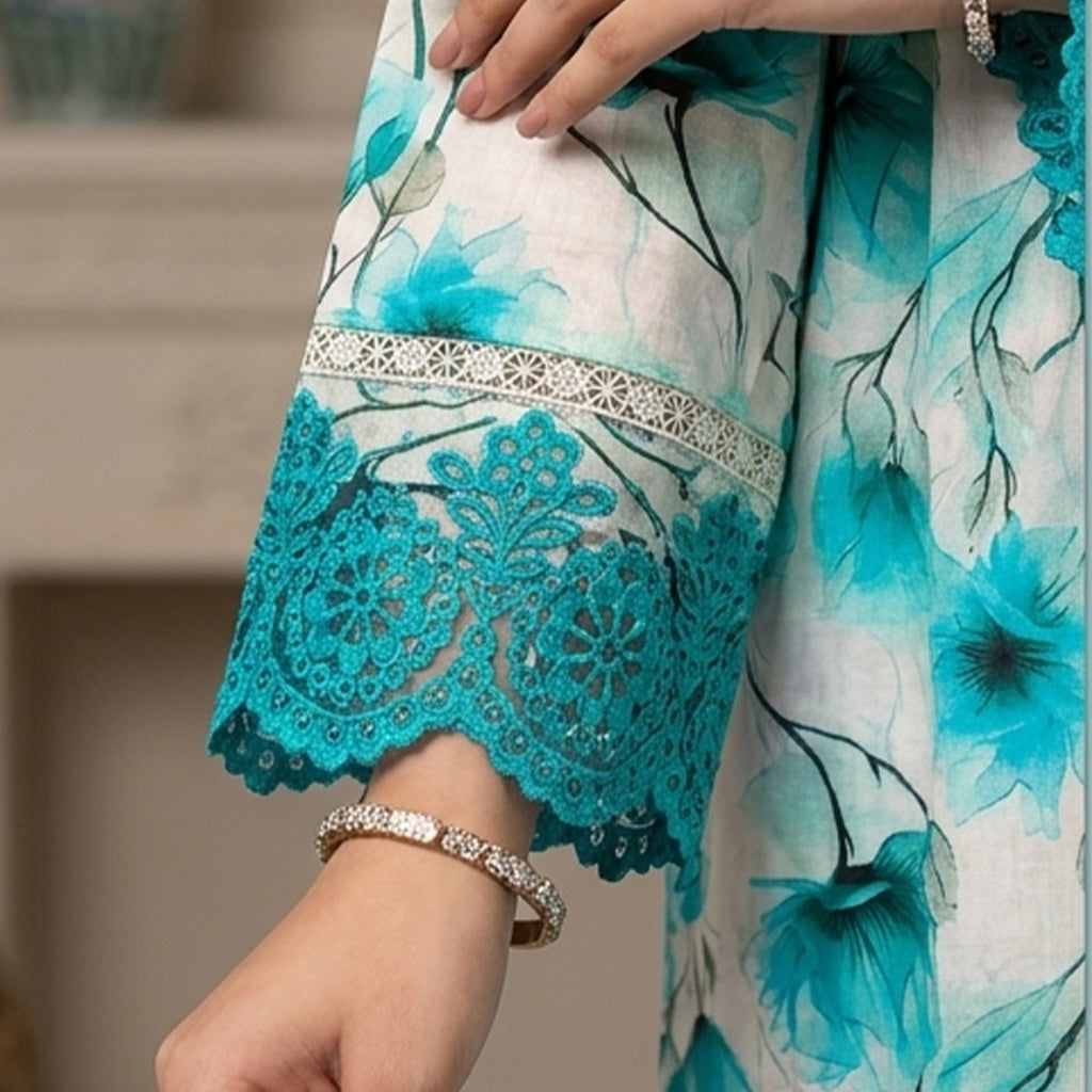 Turquoise Floral Lawn Suit