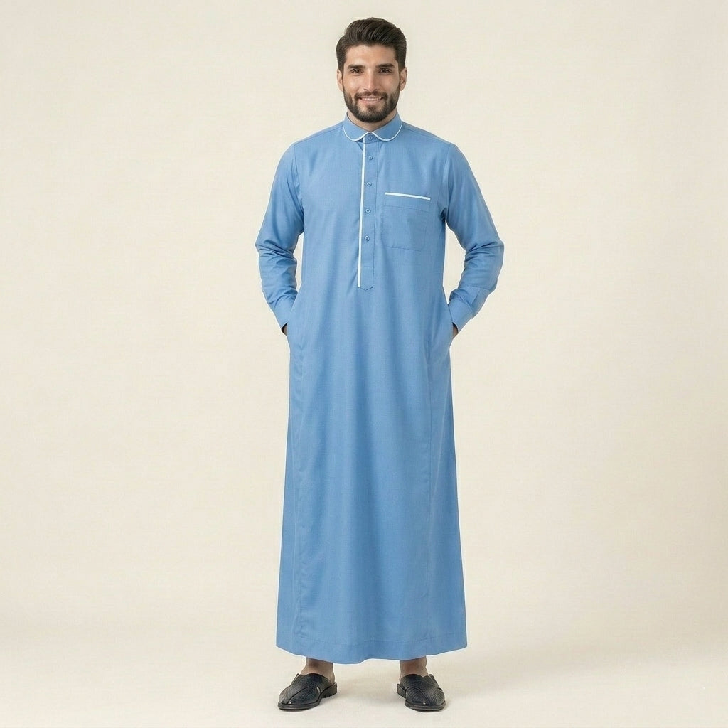 Sky Blue Men's Thobe With Contrast Piping