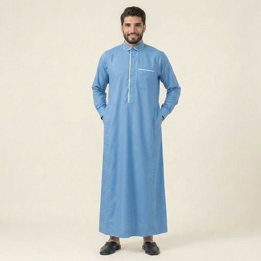 Sky Blue Men's Thobe With Contrast Piping