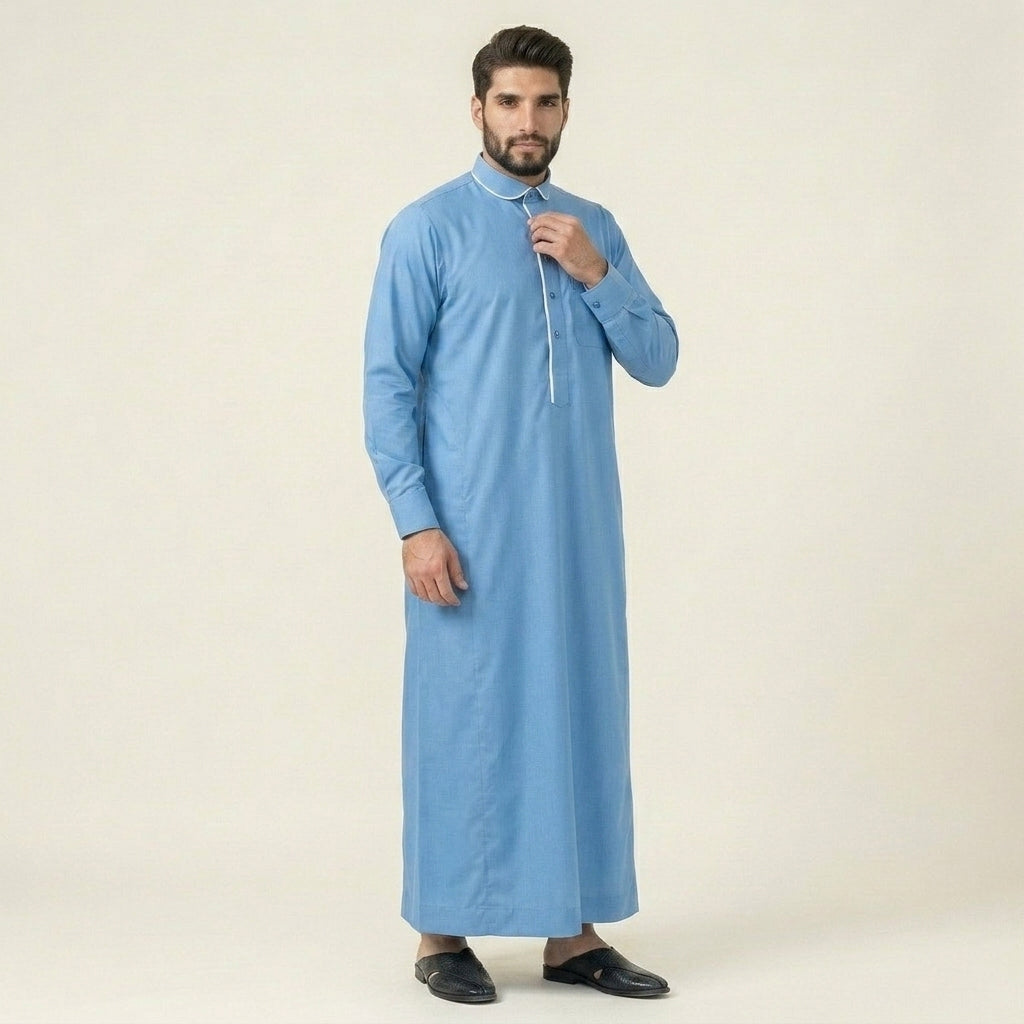 Sky Blue Men's Thobe With Contrast Piping
