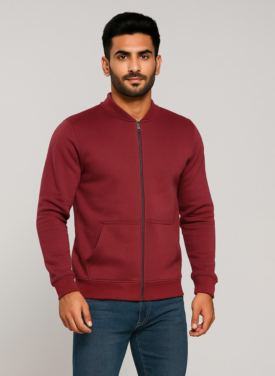 Wine Red Men’s Front Zip Hoodie – Premium Heavy Fleece Jacket
