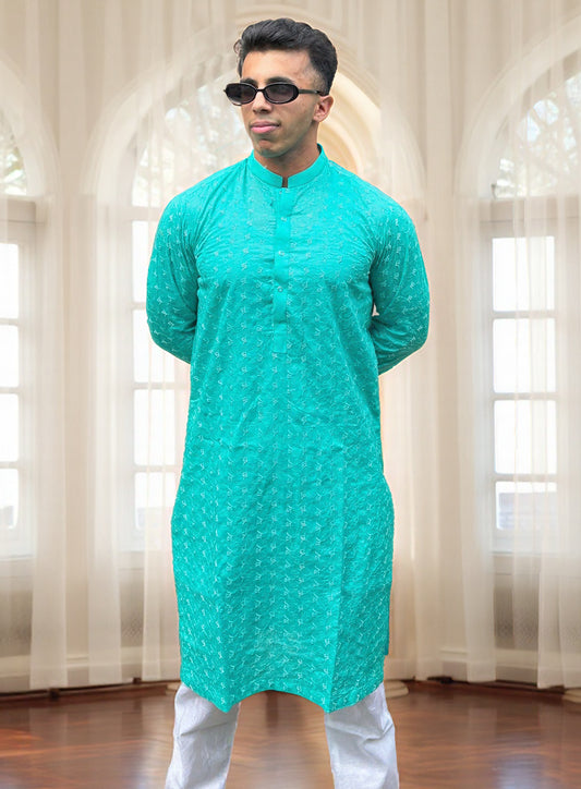 Cyan Chikankari Kurta Mens | Modern Embroidered Kurta