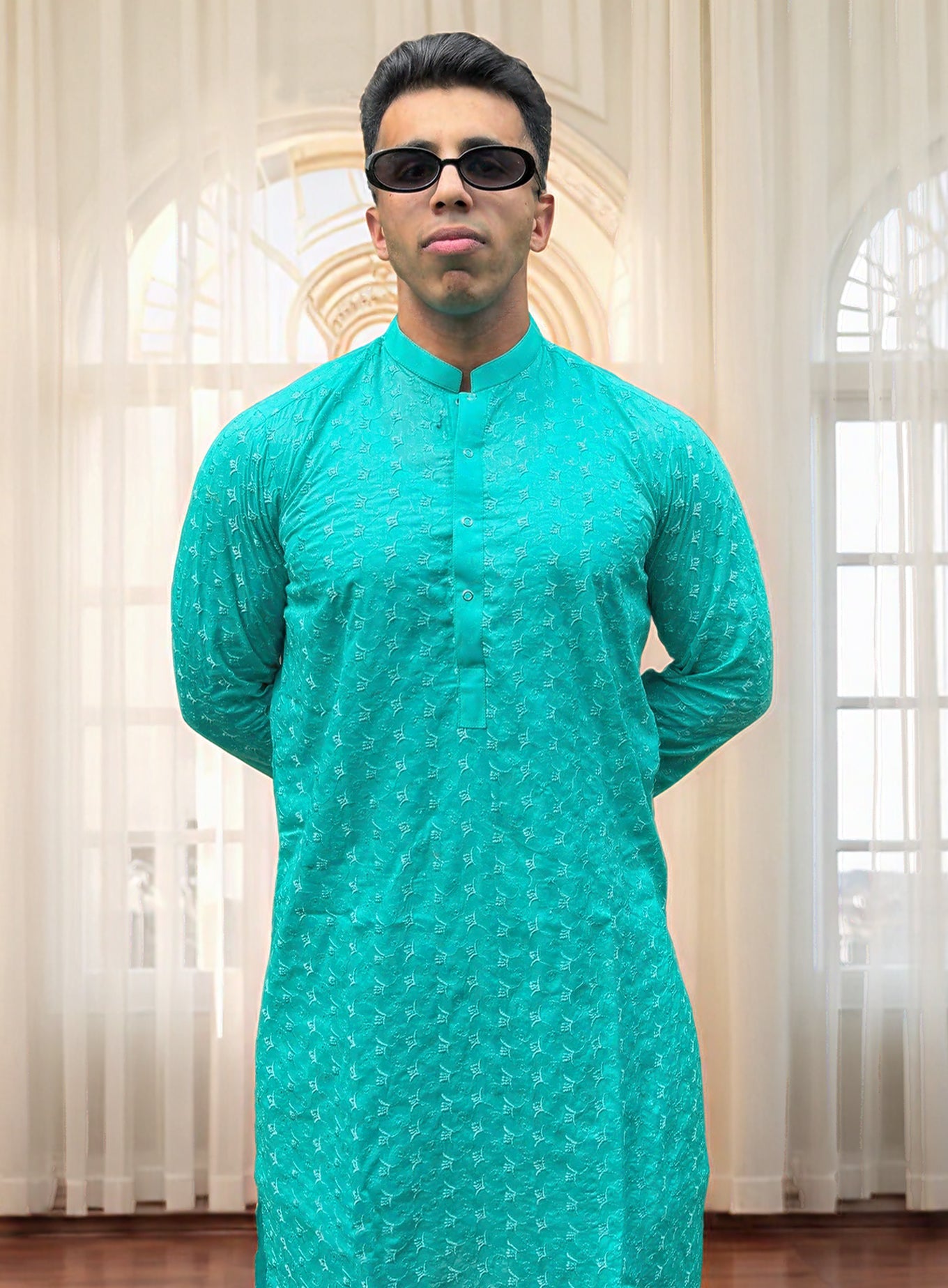 Cyan Chikankari Kurta Mens | Modern Embroidered Kurta