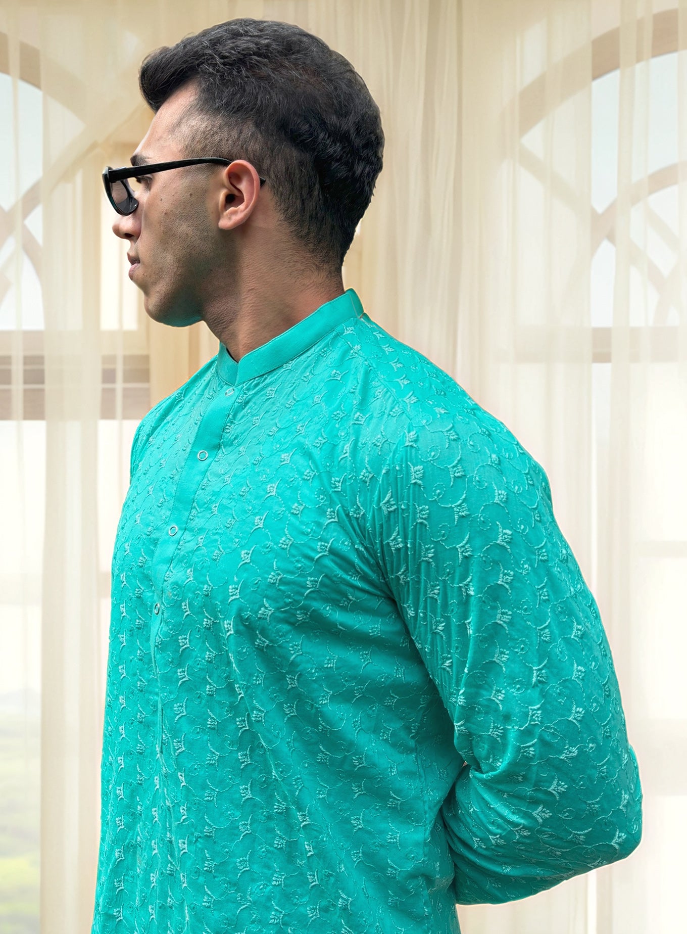 Cyan Chikankari Kurta Mens | Modern Embroidered Kurta