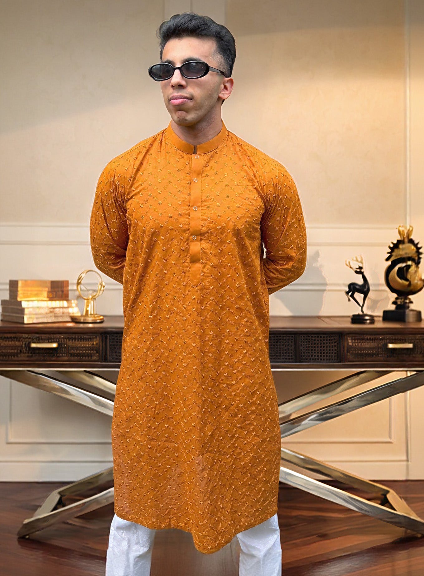 Dark Mustard Chikankari Kurta for Men | Premium Embroidered Kurta