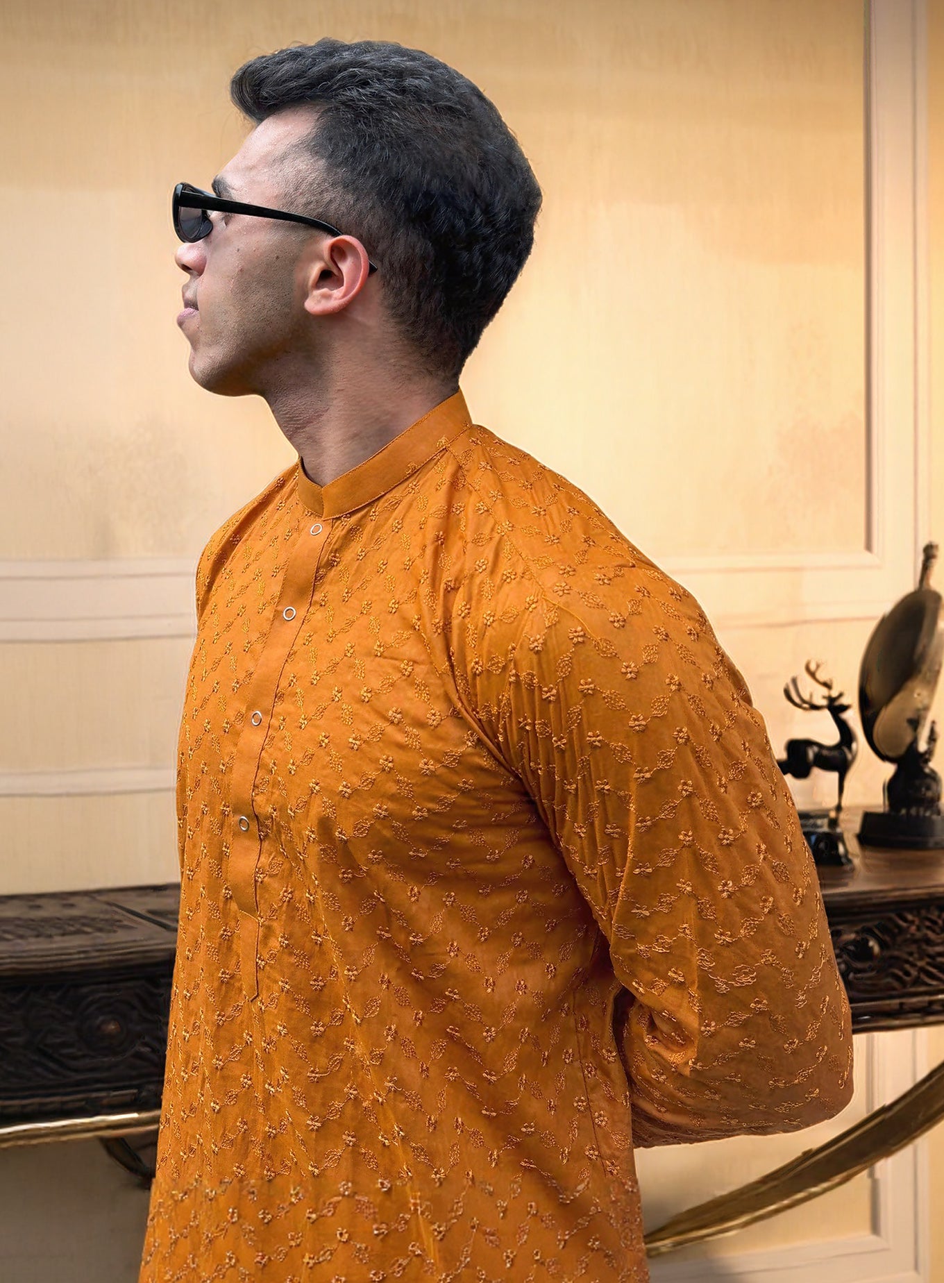 Dark Mustard Chikankari Kurta for Men | Premium Embroidered Kurta