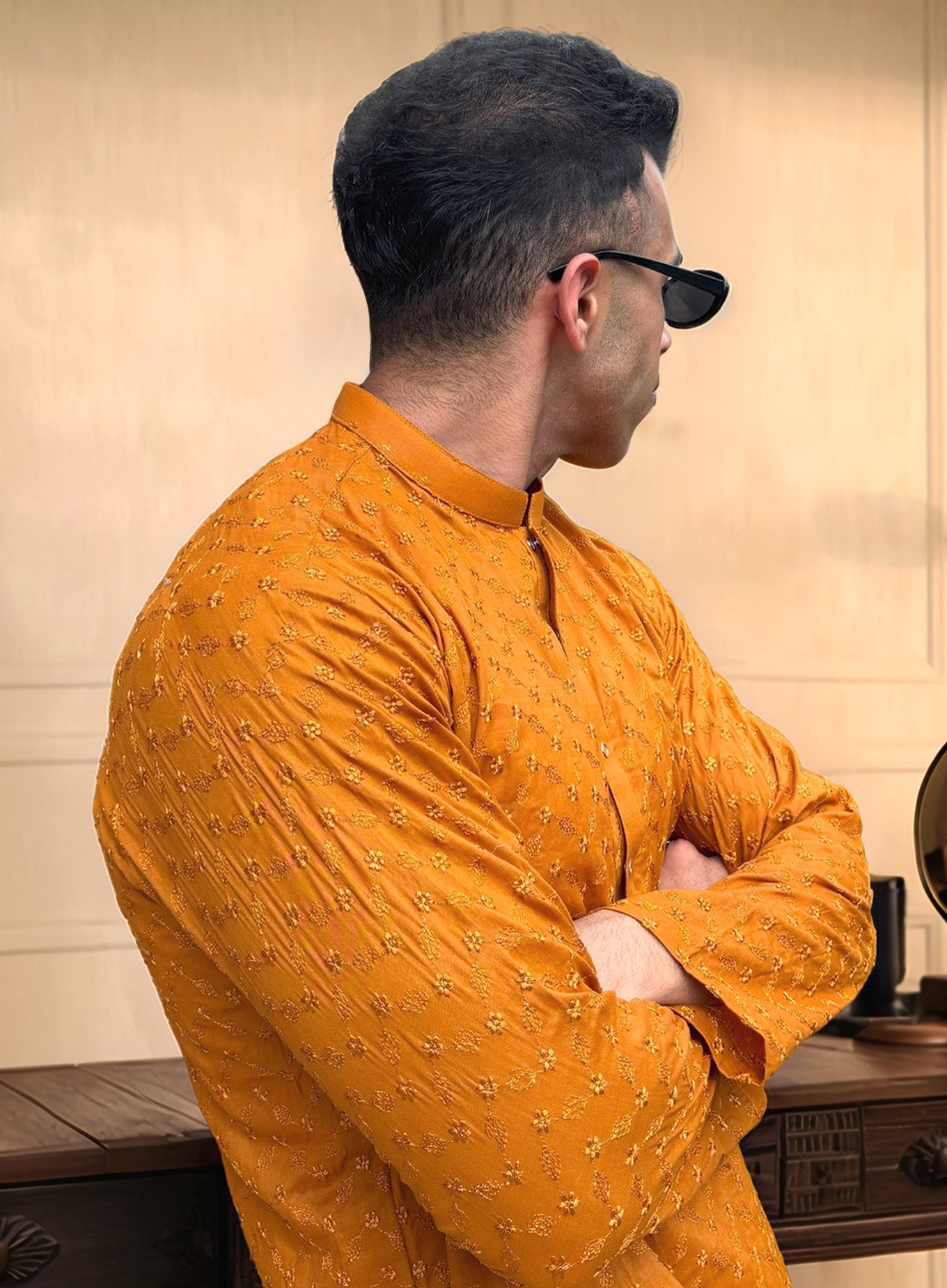Dark Mustard Chikankari Kurta for Men | Premium Embroidered Kurta