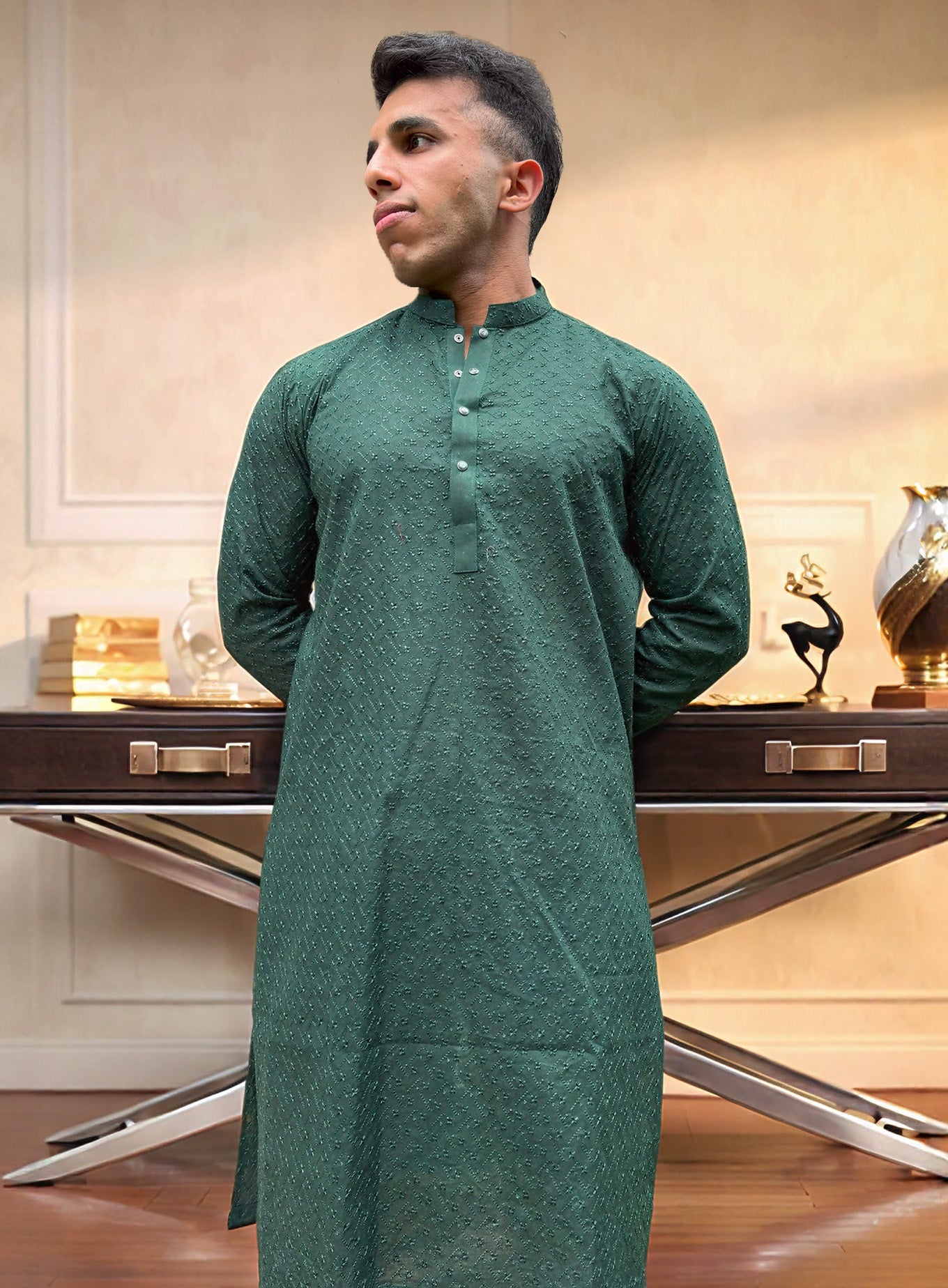 Green Chikankari Kurta for Men | Elegant Embroidered Kurta