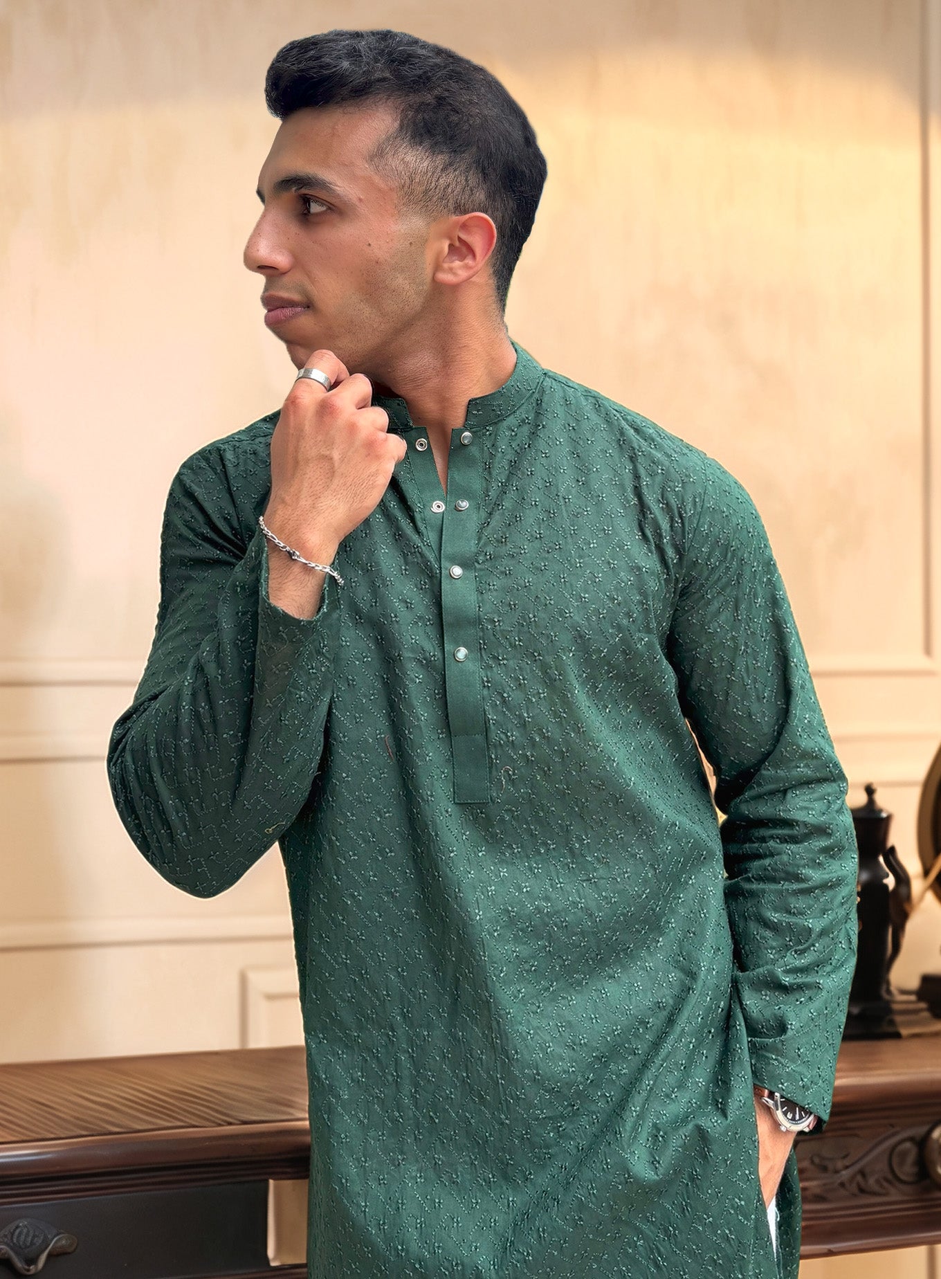 Green Chikankari Kurta for Men | Elegant Embroidered Kurta