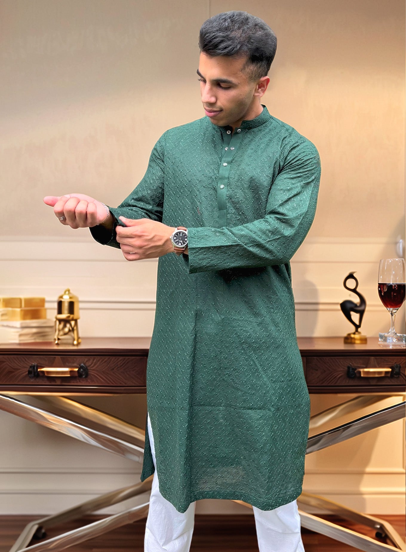Green Chikankari Kurta for Men | Elegant Embroidered Kurta