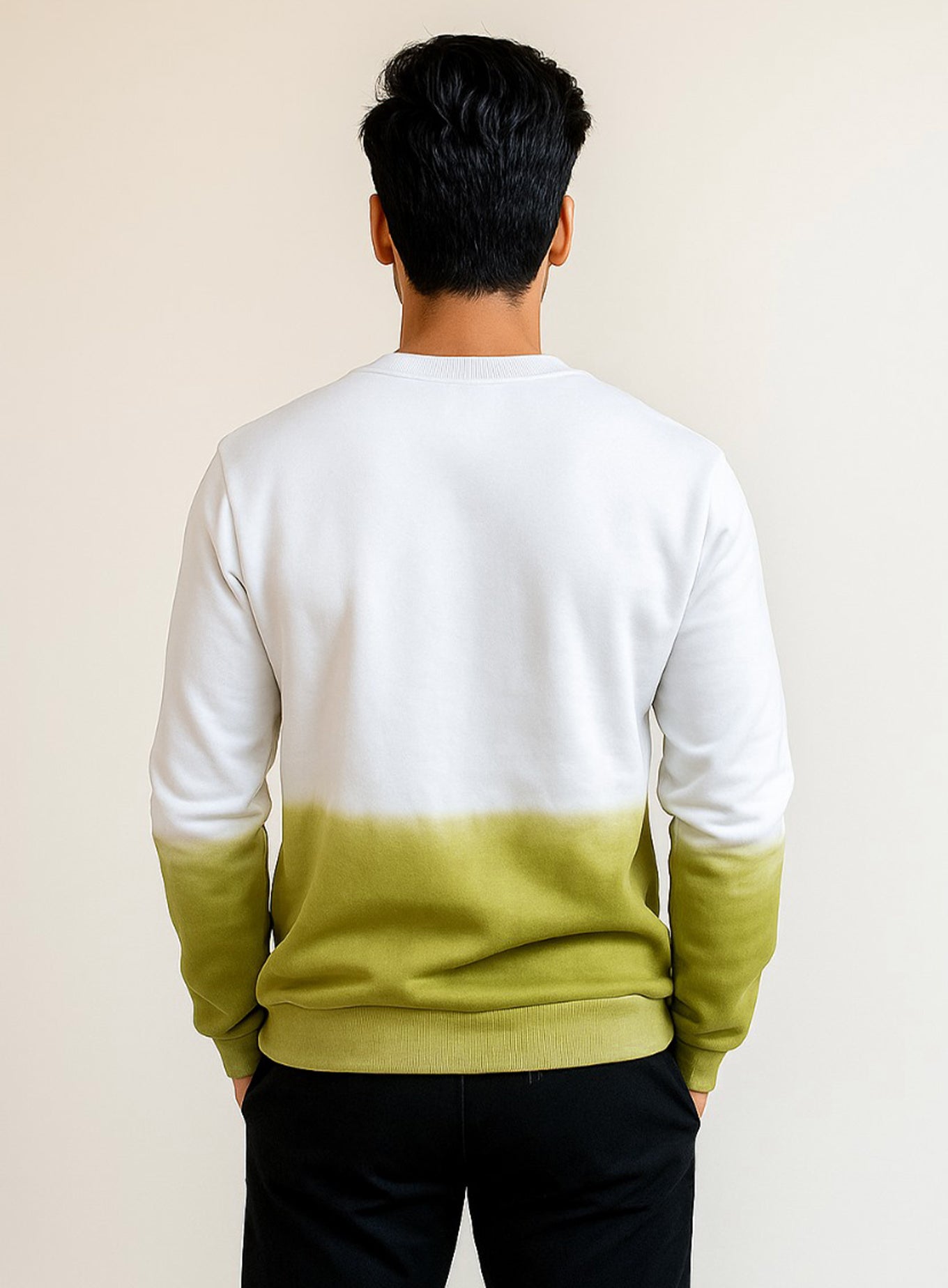 Men’s Cotton Tie Dye Sweatshirt in White & Olive Green Ombre