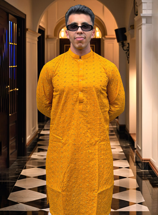 Mustard Men’s Chikankari Kurta | Traditional Embroidered Style
