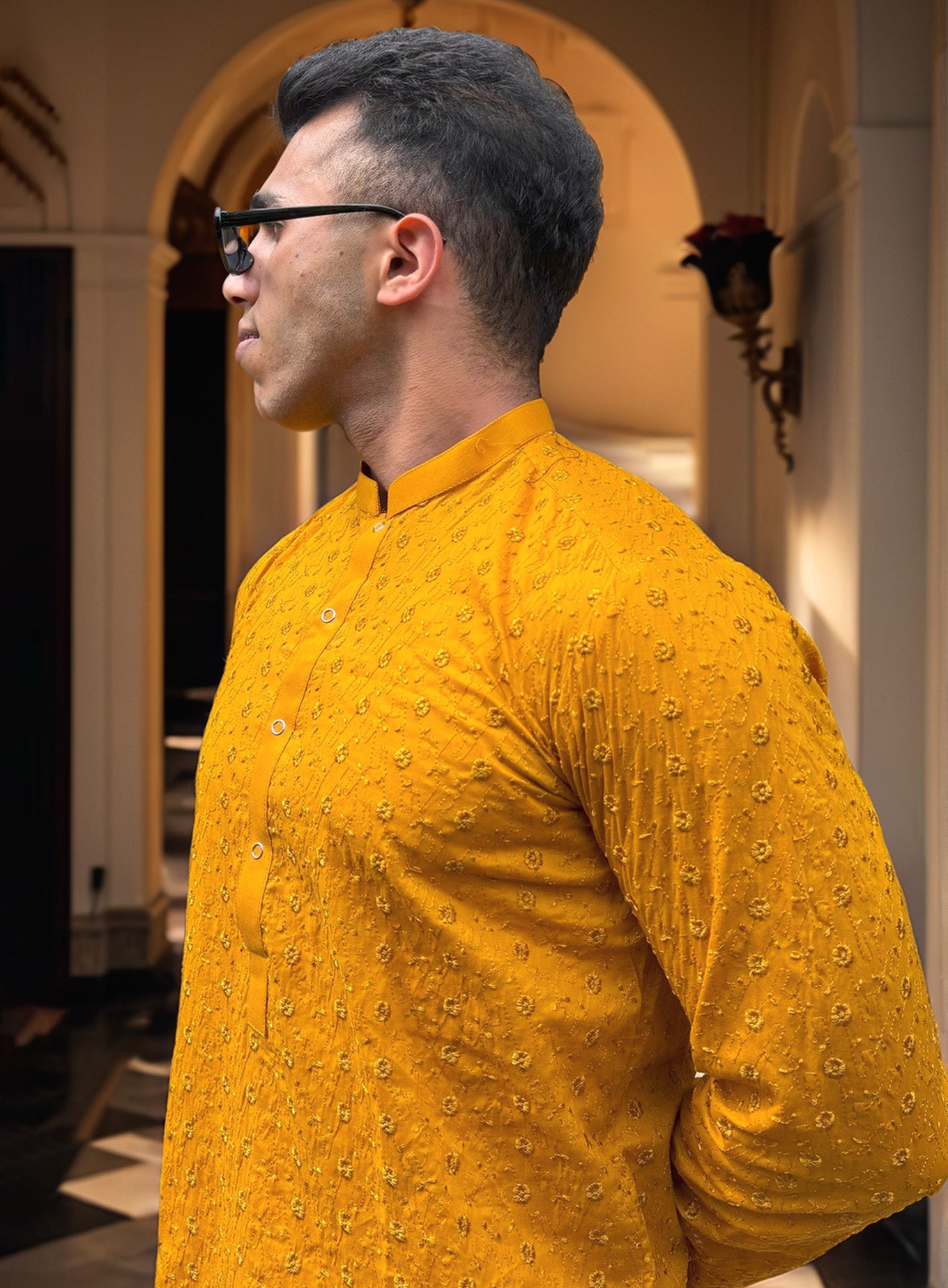 Mustard Men’s Chikankari Kurta | Traditional Embroidered Style