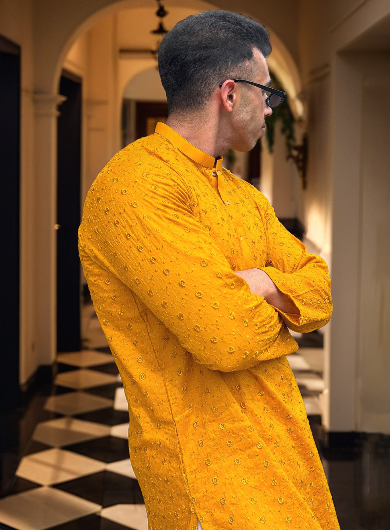 Mustard Men’s Chikankari Kurta | Traditional Embroidered Style