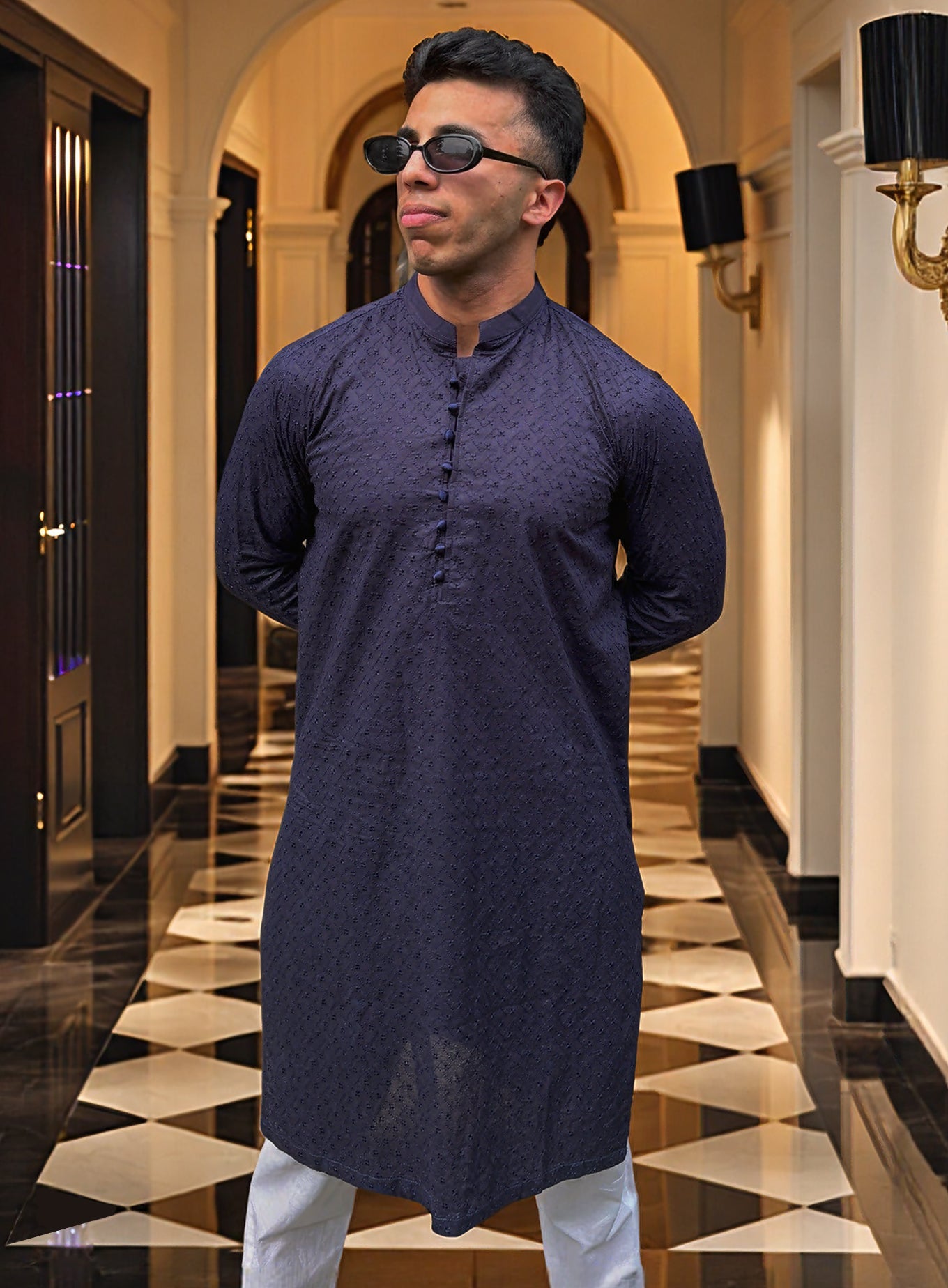 Navy Blue Men’s Chikankari Kurta | Classic Embroidered Kurta