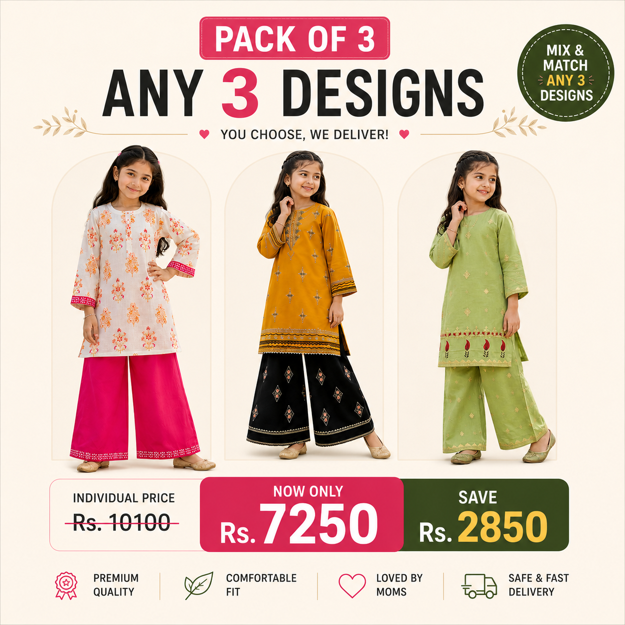 Girls 2 PC Embroidered Suits – Pack of 3 | Any 3 Designs