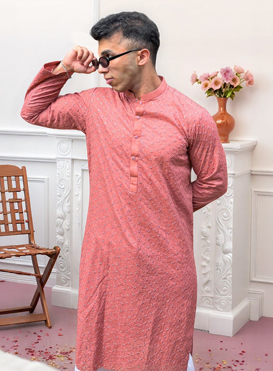 Pink Men’s Embroidered Chikankari Kurta | Elegant Traditional Wear