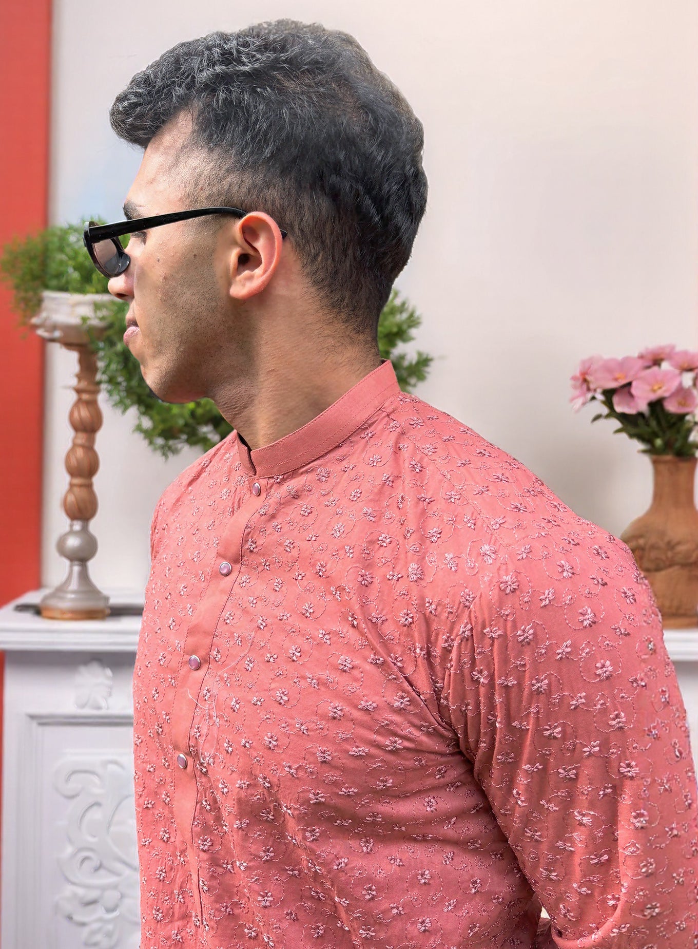 Pink Men’s Embroidered Chikankari Kurta | Elegant Traditional Wear