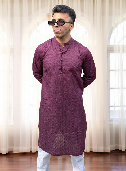 Purple Men’s Party Wear Chikankari Kurta | Festive Embroidered Kurta