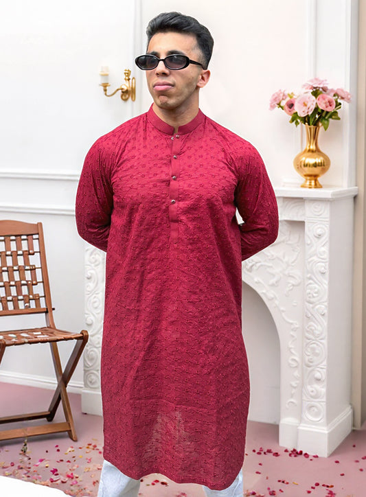 Red Chikankari Embroidered Kurta for Men | Classic Festive Wear