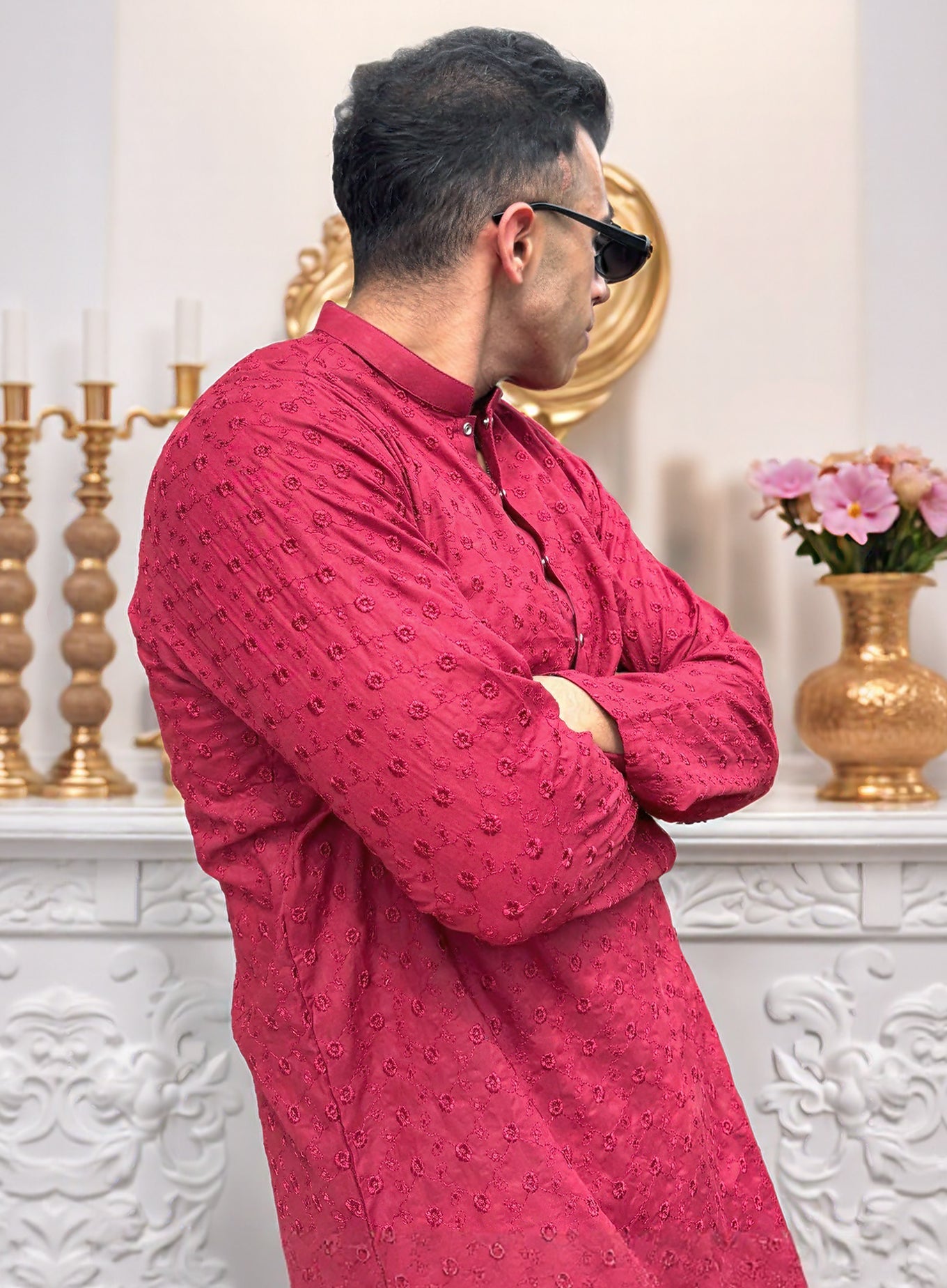 Red Chikankari Embroidered Kurta for Men | Classic Festive Wear
