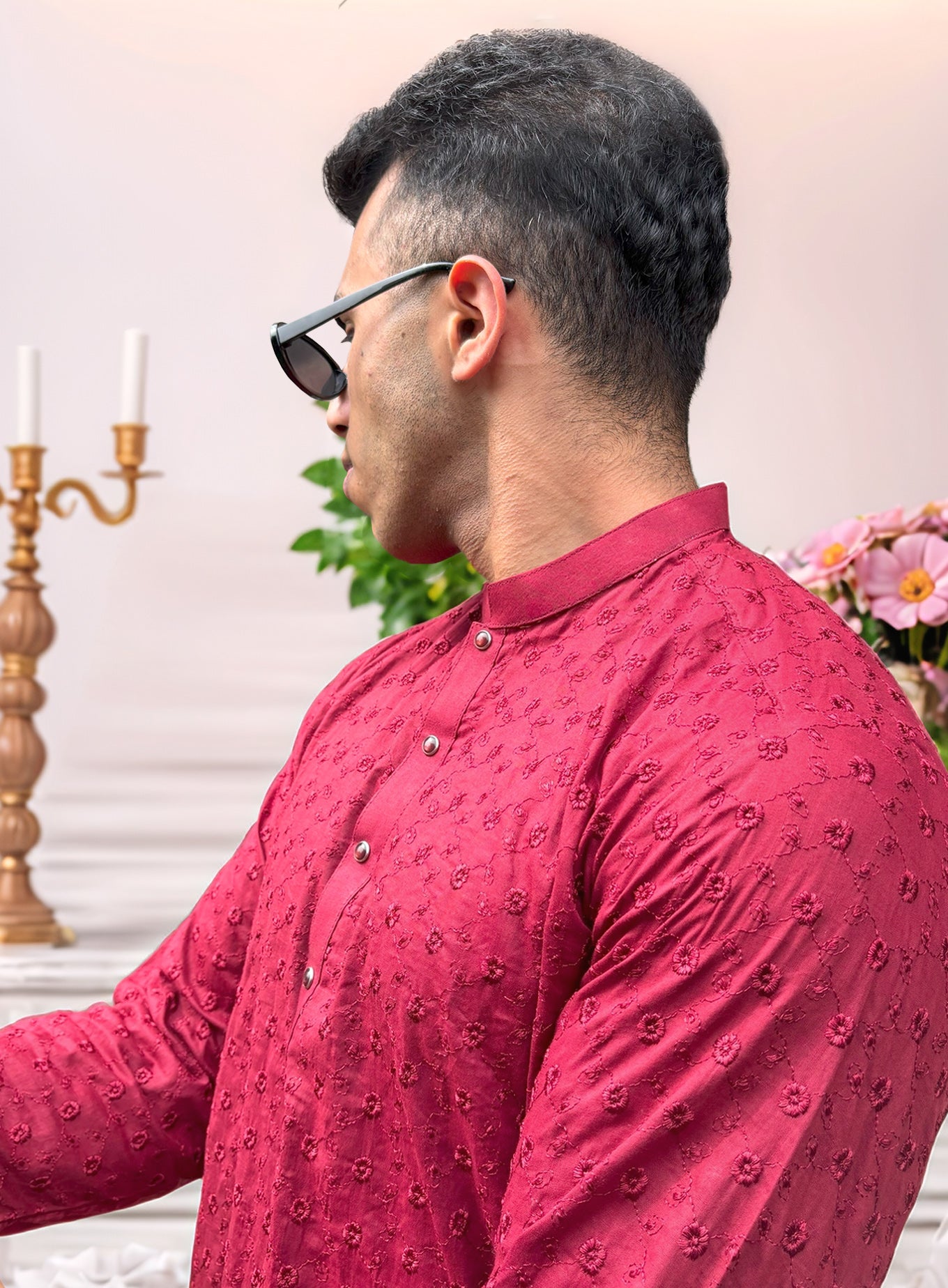 Red Chikankari Embroidered Kurta for Men | Classic Festive Wear