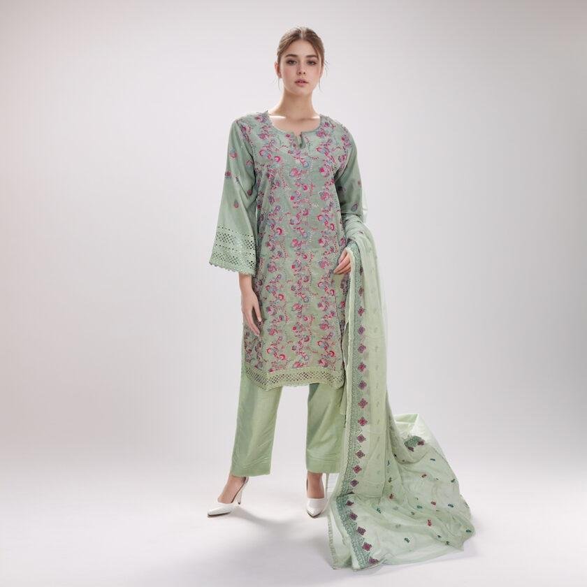 Thistle Green Chikankari Embroidered 3pc Stitch Suit