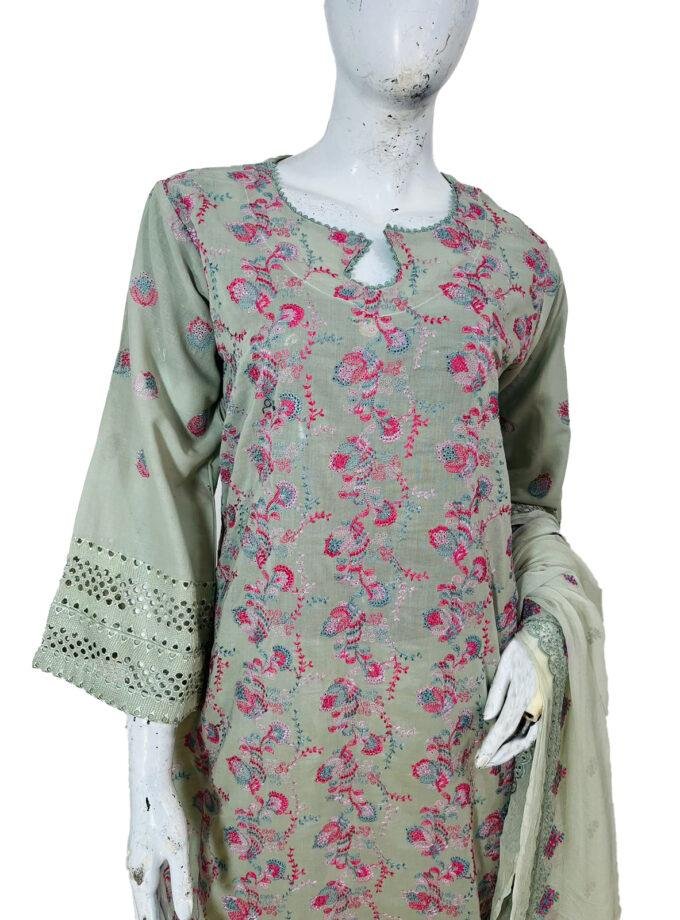 Thistle Green Chikankari Embroidered 3pc Stitch Suit