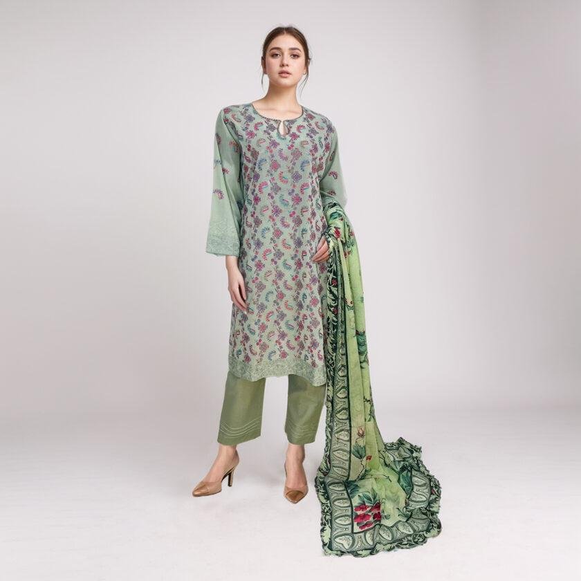 Pale Leaf Chikankari Embroidered 3pc Stitch Suit