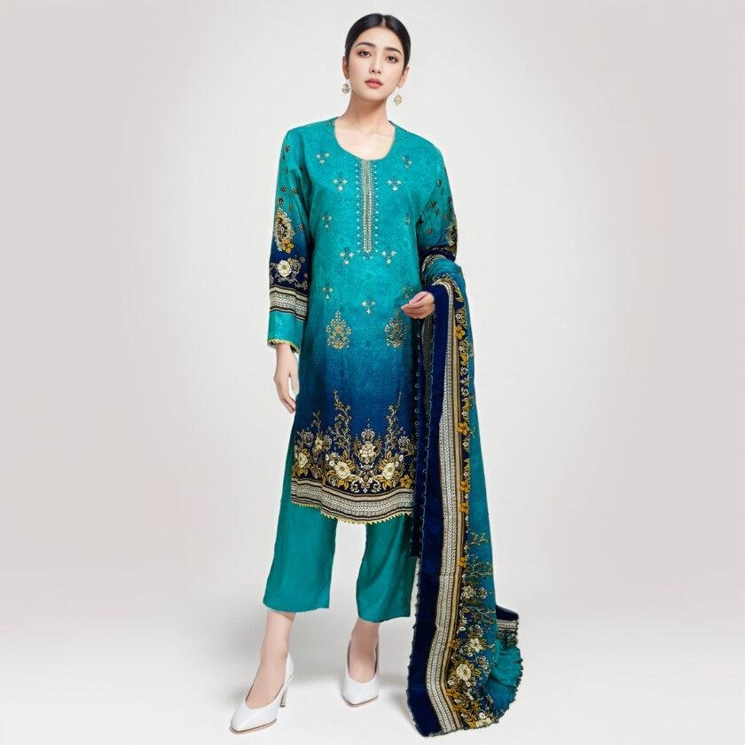 Cyan pakistani linen 3 piece suit pakistani