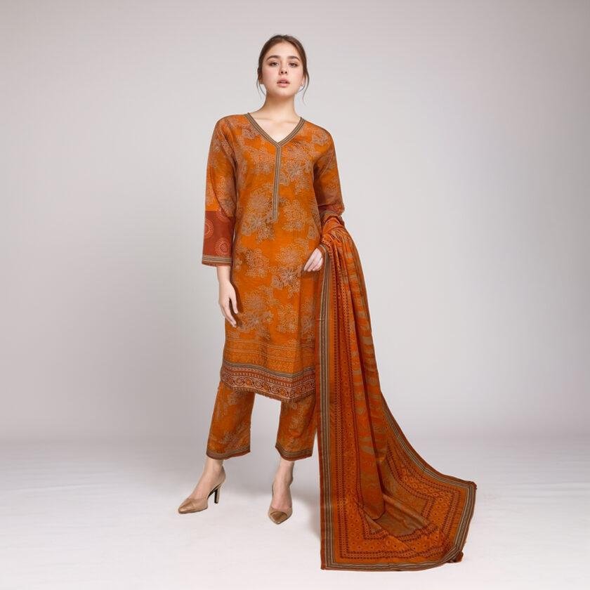 Blaze Orange Color Printed Khaddar 3pc Stitch Suit