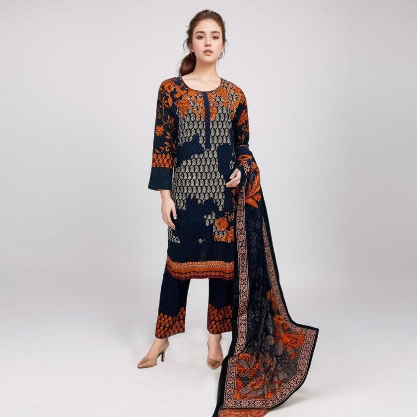 Dark Navy Color Printed Khaddar 3pc Stitch Suit