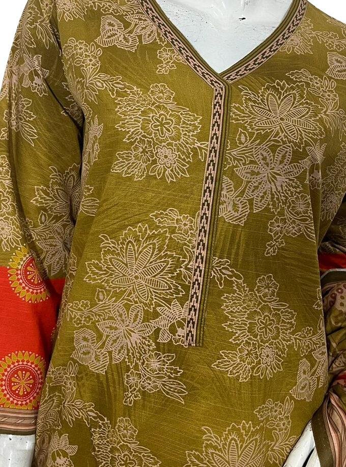 Dark Mustard Color Printed Khaddar 3pc Stitch Suit