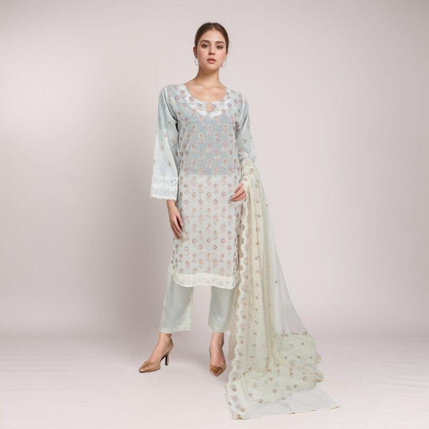 Off-White Chikankari Embroidered 3pc Stitch Suit