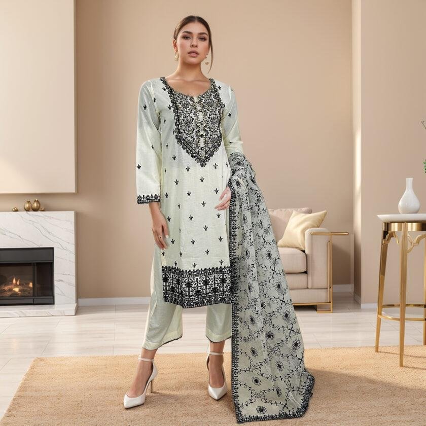 Off-white Linen 3pc suit Pakistani