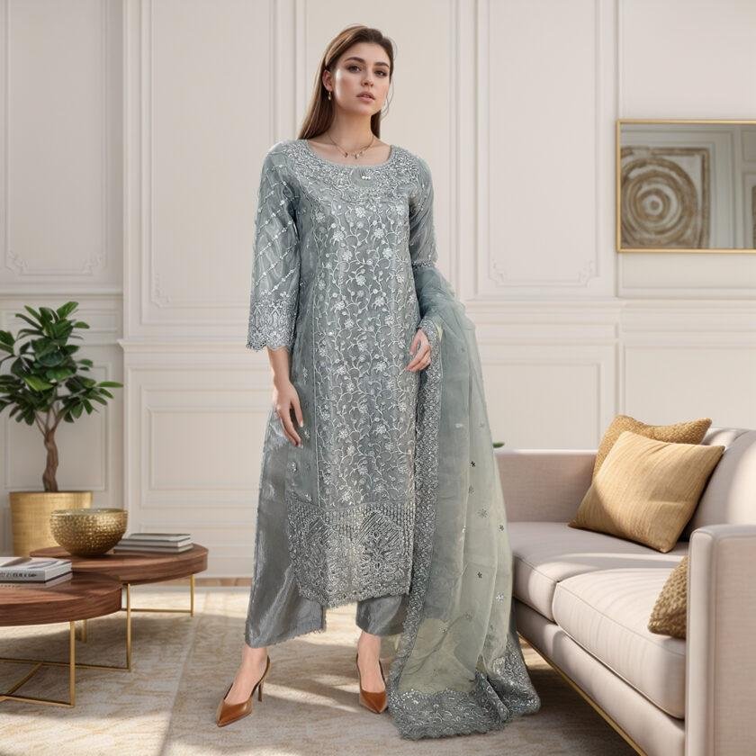 Silver Grey linen 3pc suit pakistani